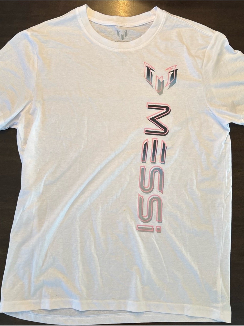ISSI White Crewneck Tee with Pink-Outlined Vertical Logo